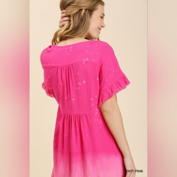 Umgee Hot Pink Ombre Frayed Flowy Linen Blend Mini Dress Size L Barbie Beach - Picture 6 of 15